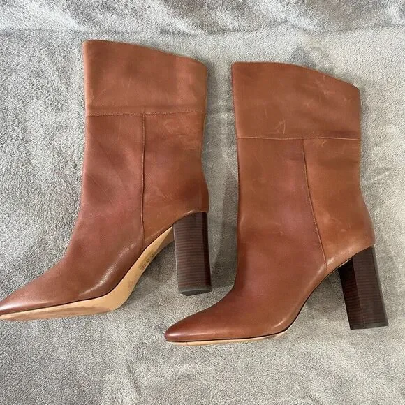 J.Crew Anya Mid Calf Stacked Boot Burnished Brown Leather Womens Size 12 - Picture 2 of 12